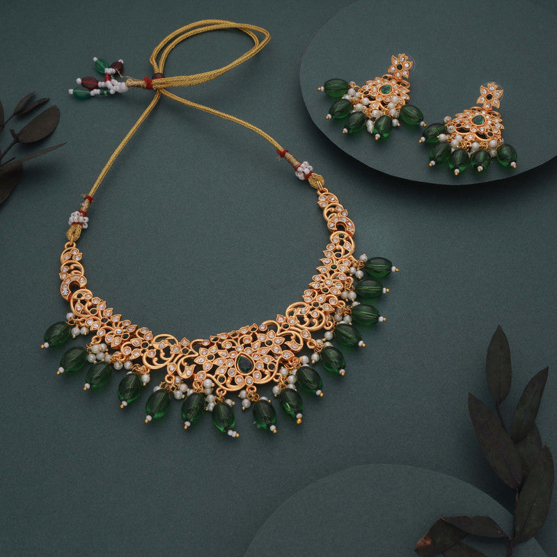 Tehzeeb Creations Gold-Polished Green Colour Necklace With Stud | Grocsy