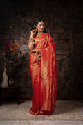 Vardha Crimson Red Zari Floral Kanjeevaram Silk Saree | Grocsy