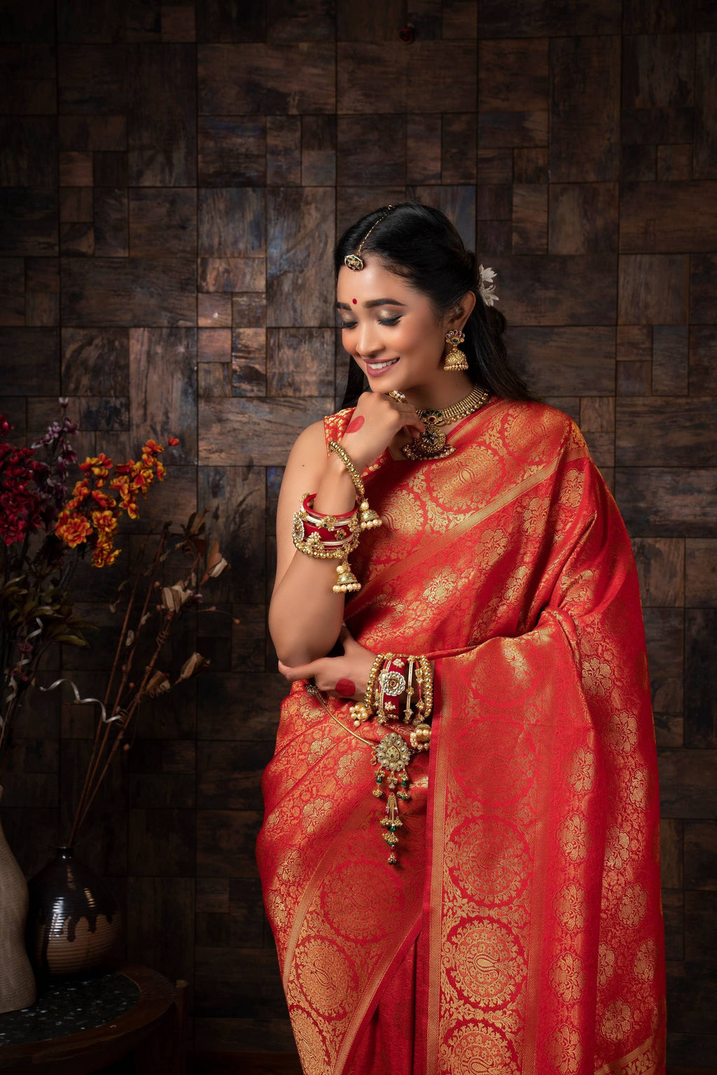 Vardha Crimson Red Zari Floral Kanjeevaram Silk Saree | Grocsy