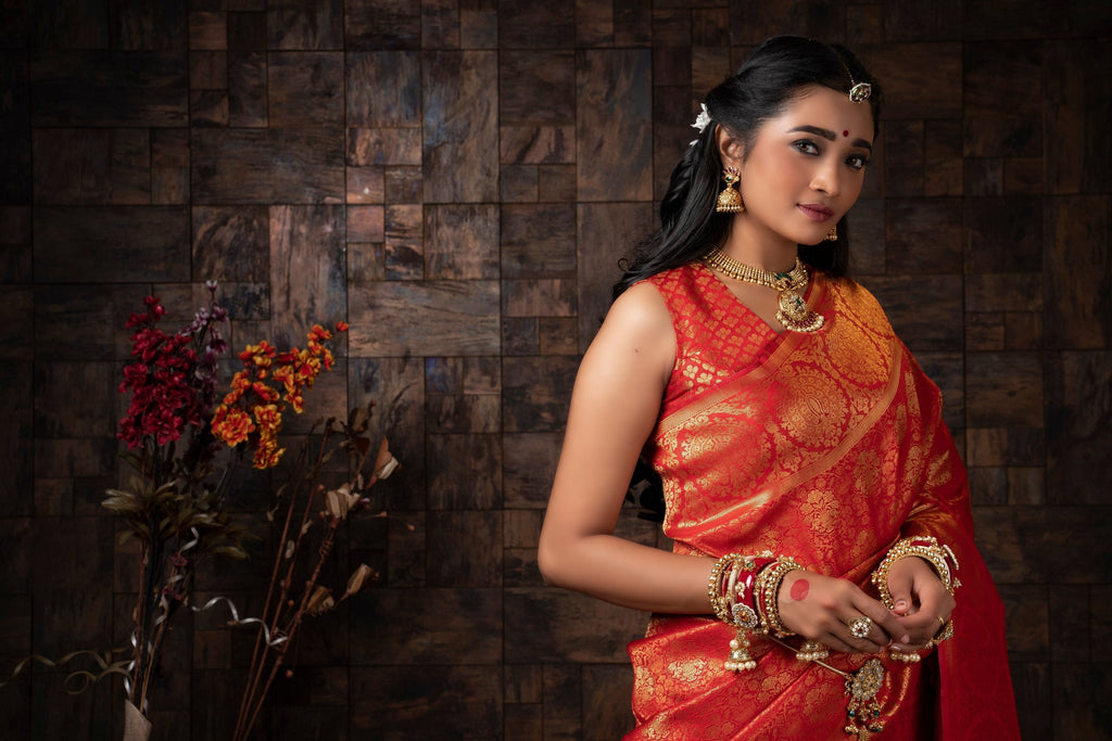 Vardha Crimson Red Zari Floral Kanjeevaram Silk Saree | Grocsy