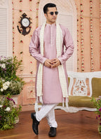 Raivat Ethnic Onion Pink Colour Art Silk Kurta Pajama With Matching Dupatta | Grocsy