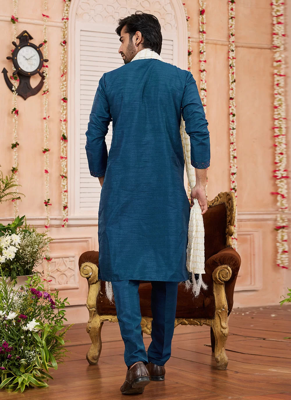 Raivat Ethnic Teal Blue Colour Art Silk Kurta Pajama With Matching Dupatta | Grocsy
