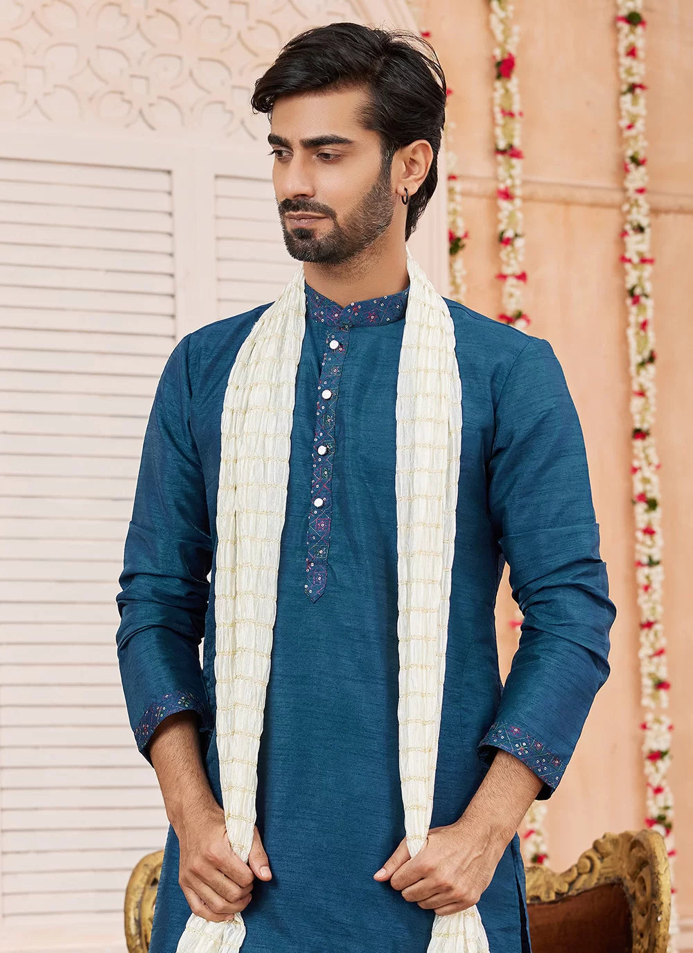 Raivat Ethnic Teal Blue Colour Art Silk Kurta Pajama With Matching Dupatta | Grocsy