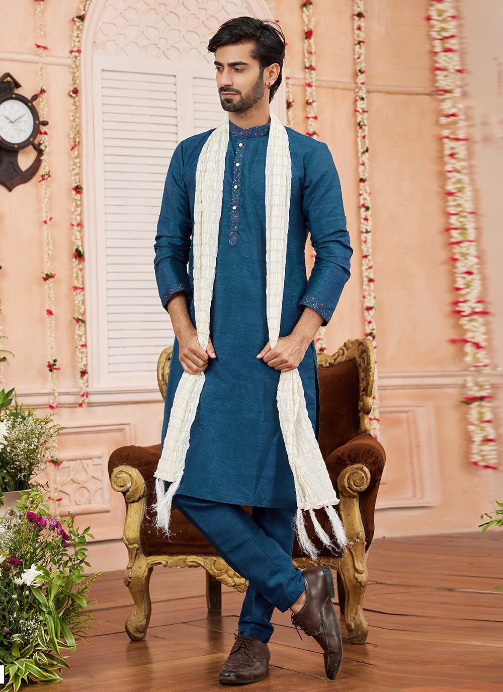 Raivat Ethnic Teal Blue Colour Art Silk Kurta Pajama With Matching Dupatta | Grocsy