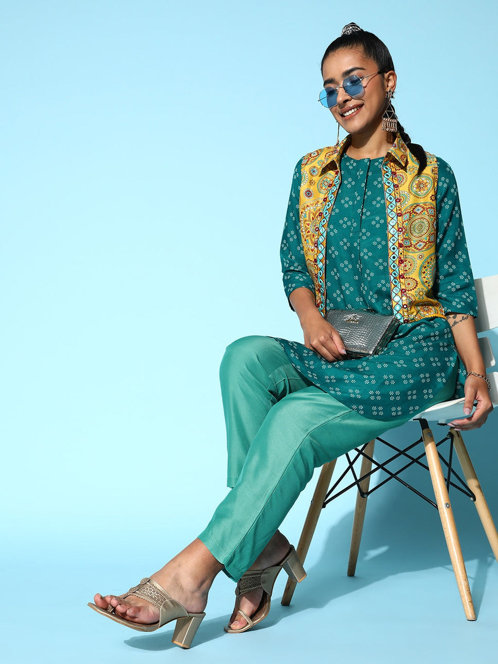 Sangria Printed Kurta Set with Embroidered Ethnic Jacket | Grocsy