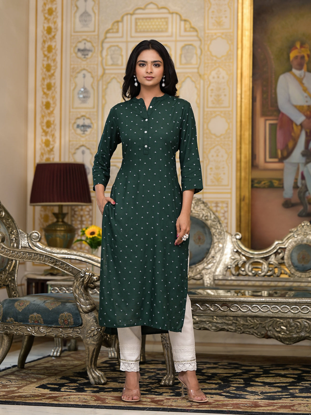 Juniper Women's Bottle Green Liva Rayon Kurta With Buttons Details | Grocsy
