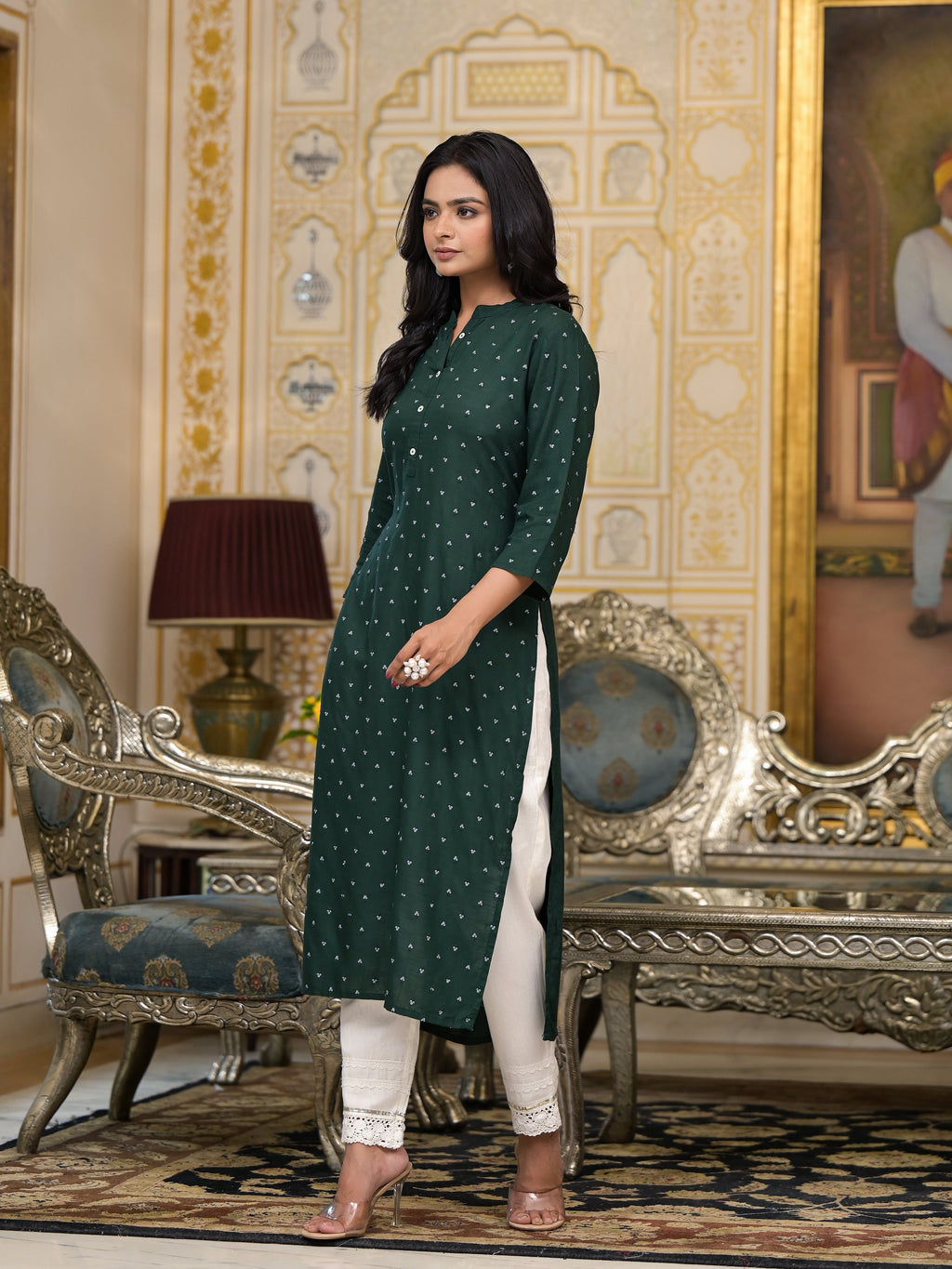 Juniper Women's Bottle Green Liva Rayon Kurta With Buttons Details | Grocsy
