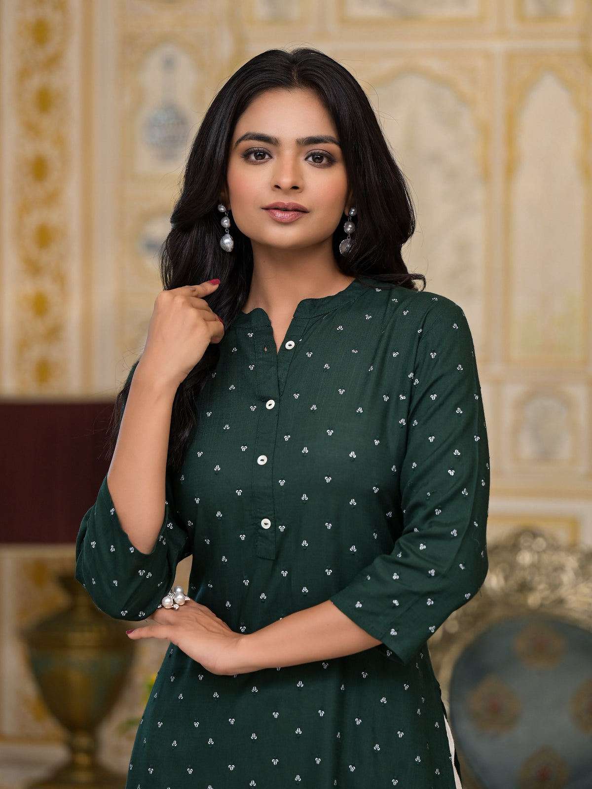 Juniper Women's Bottle Green Liva Rayon Kurta With Buttons Details | Grocsy