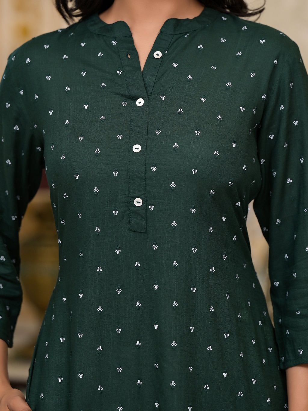 Juniper Women's Bottle Green Liva Rayon Kurta With Buttons Details | Grocsy