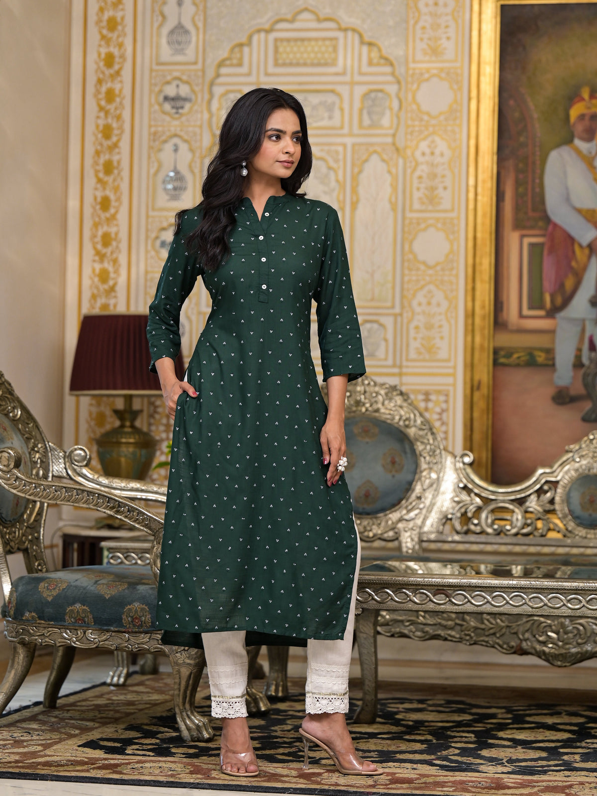 Juniper Women's Bottle Green Liva Rayon Kurta With Buttons Details | Grocsy