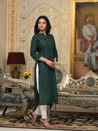 Juniper Women's Bottle Green Liva Rayon Kurta With Buttons Details | Grocsy