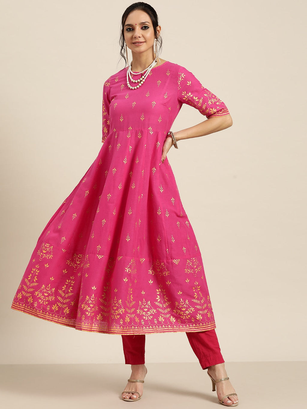 Sangria Women Pink & Golden Ethnic Motifs Printed Keyhole Neck Kurta | Grocsy