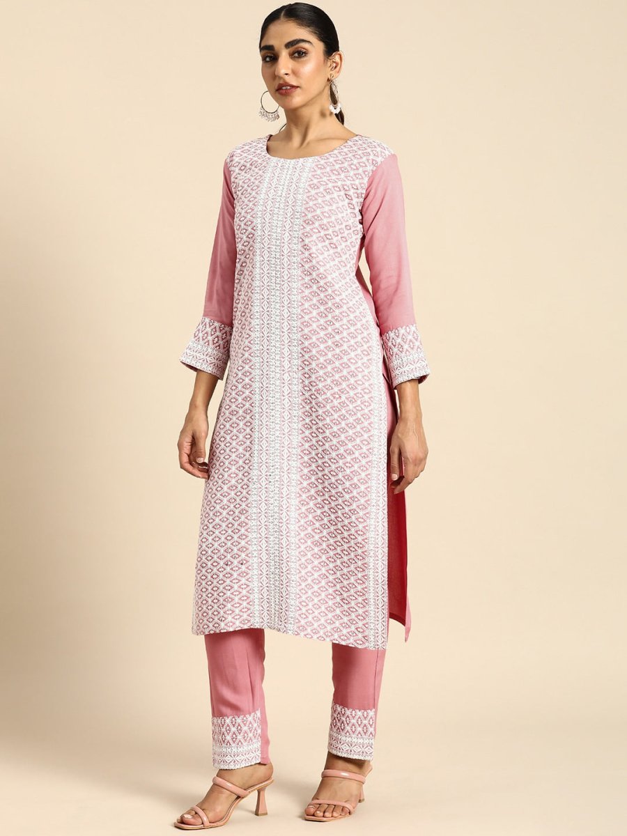 All About You Women Embroidered Chikankari Kurta With Trousers & With Dupatta | Grocsy