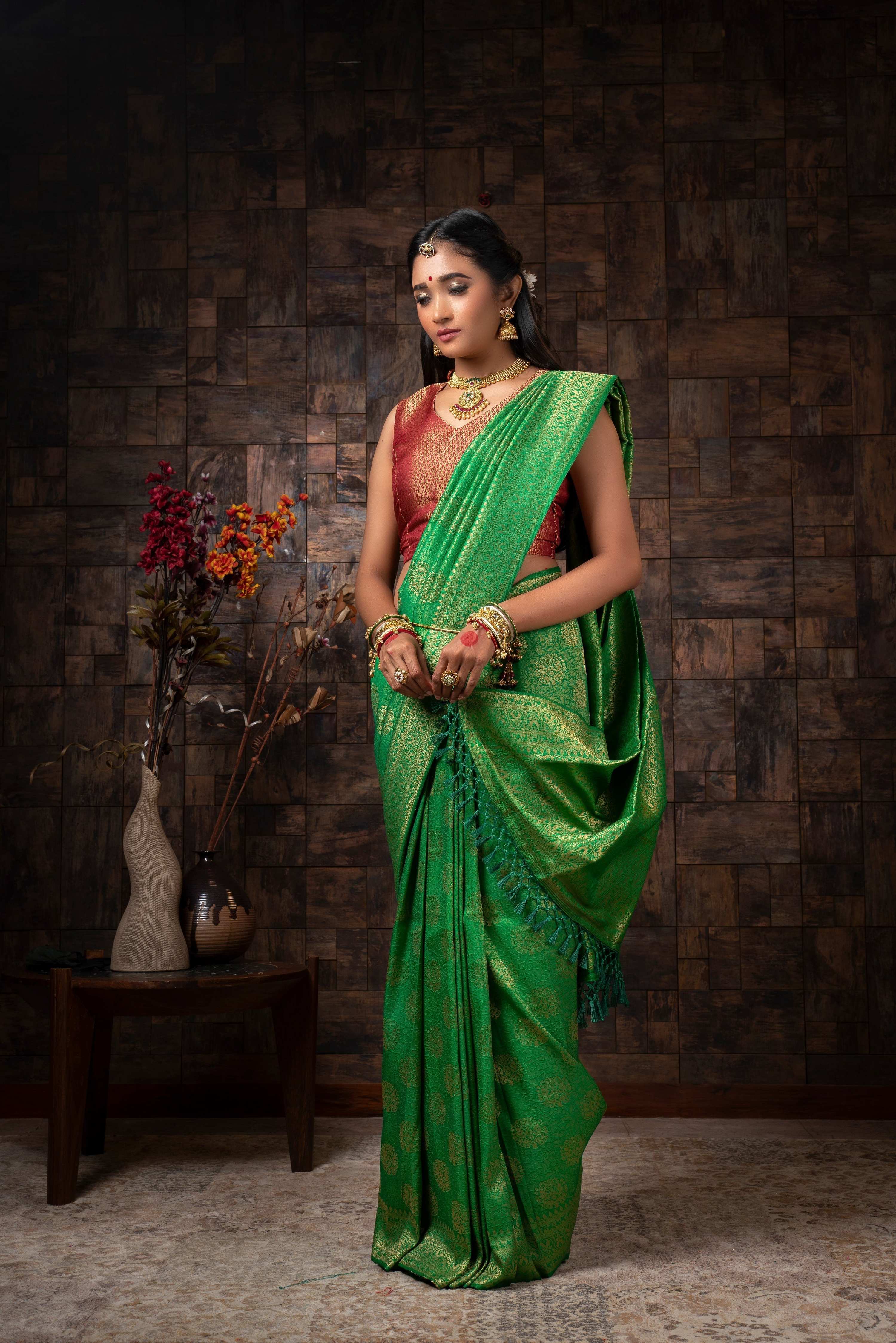 Vardha Clover Green Golden Zari Kanjeevaram Silk Saree | Grocsy