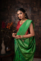 Vardha Clover Green Golden Zari Kanjeevaram Silk Saree | Grocsy