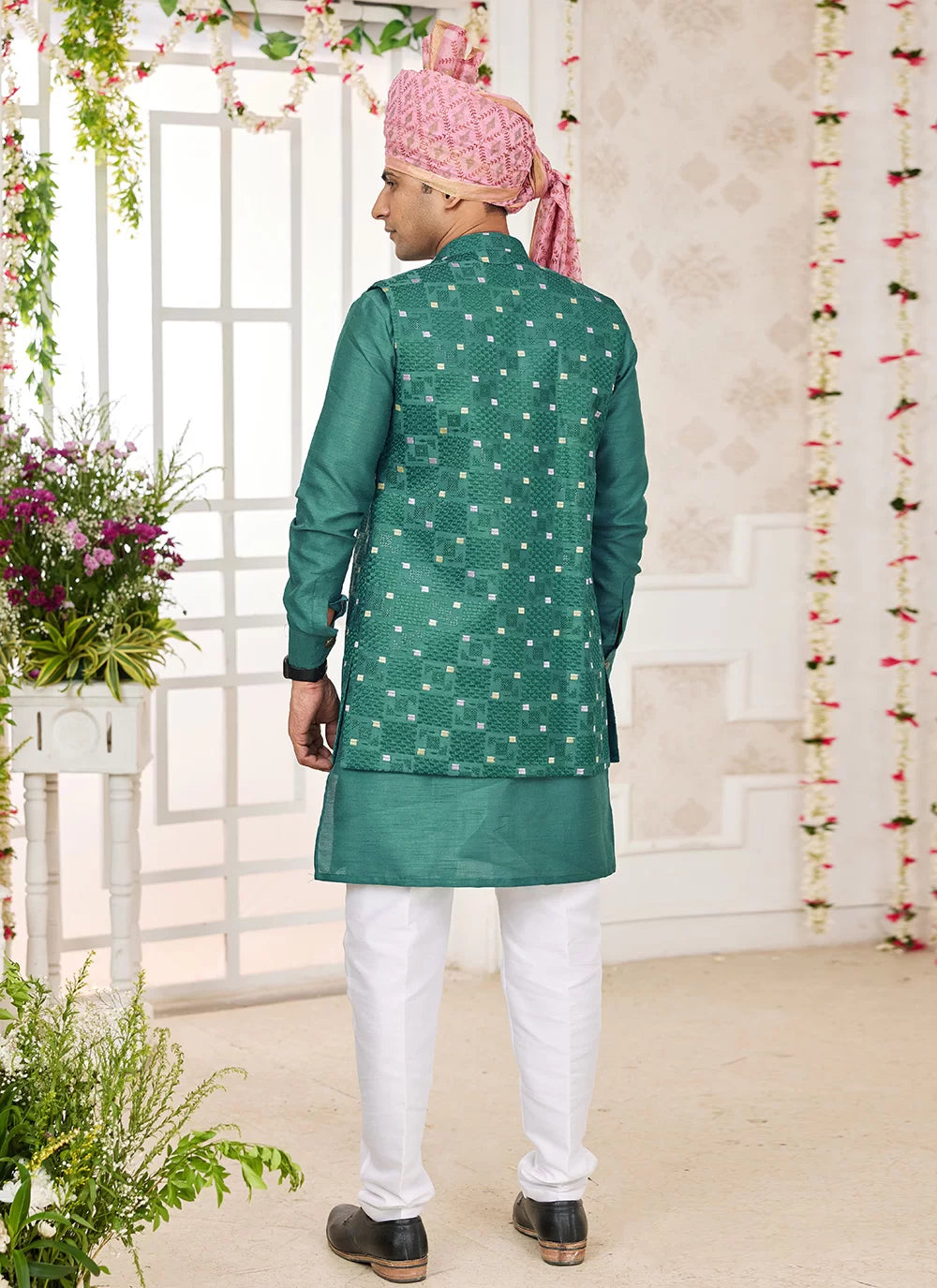 Raivat Ethnic Art Silk Embroidery Work Jacket Set In Green Colour | Grocsy