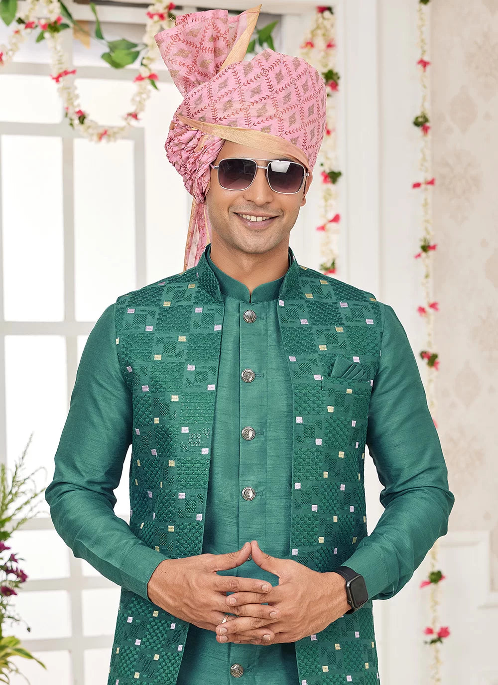 Raivat Ethnic Art Silk Embroidery Work Jacket Set In Green Colour | Grocsy