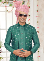Raivat Ethnic Art Silk Embroidery Work Jacket Set In Green Colour | Grocsy