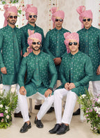 Raivat Ethnic Art Silk Embroidery Work Jacket Set In Green Colour | Grocsy