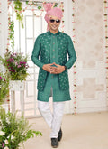Raivat Ethnic Art Silk Embroidery Work Jacket Set In Green Colour | Grocsy