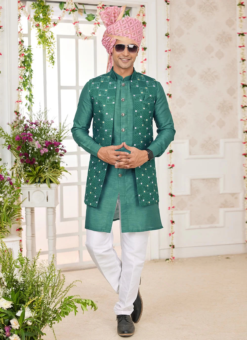 Raivat Ethnic Art Silk Embroidery Work Jacket Set In Green Colour | Grocsy