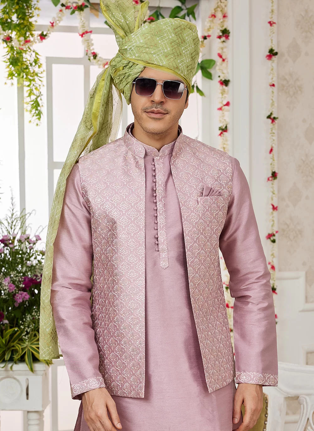 Raivat Ethnic Art Silk Embroidery Work Jacket Set In Onion Colour | Grocsy