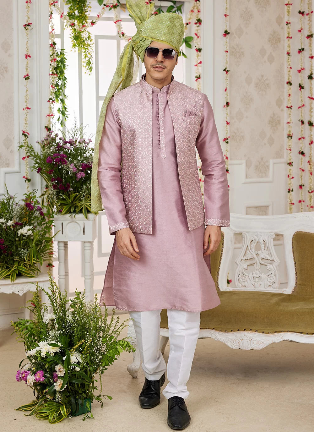 Raivat Ethnic Art Silk Embroidery Work Jacket Set In Onion Colour | Grocsy