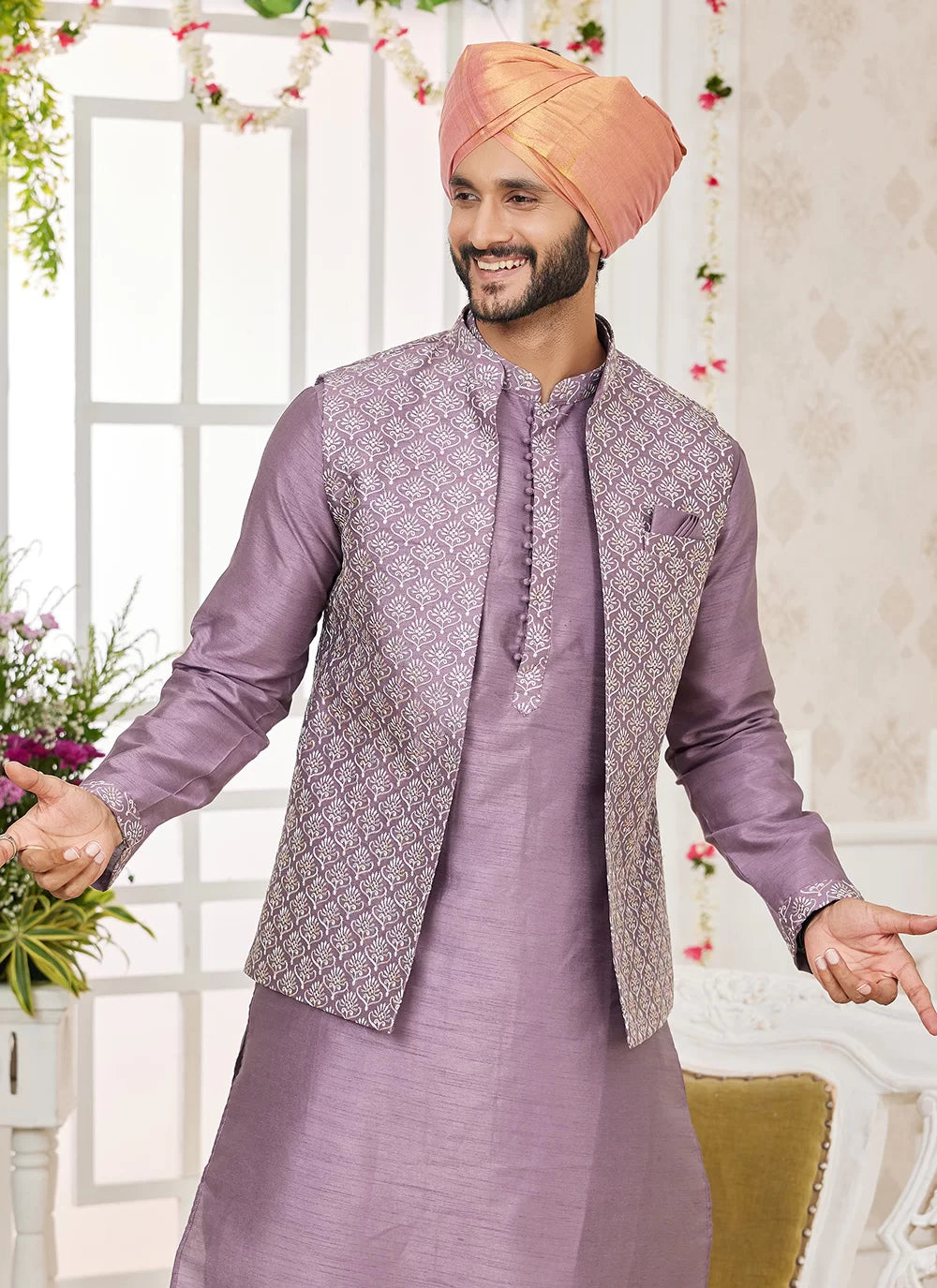 Raivat Ethnic Art Silk Embroidery Work Jacket Set In Dark Onion Pink Colour | Grocsy