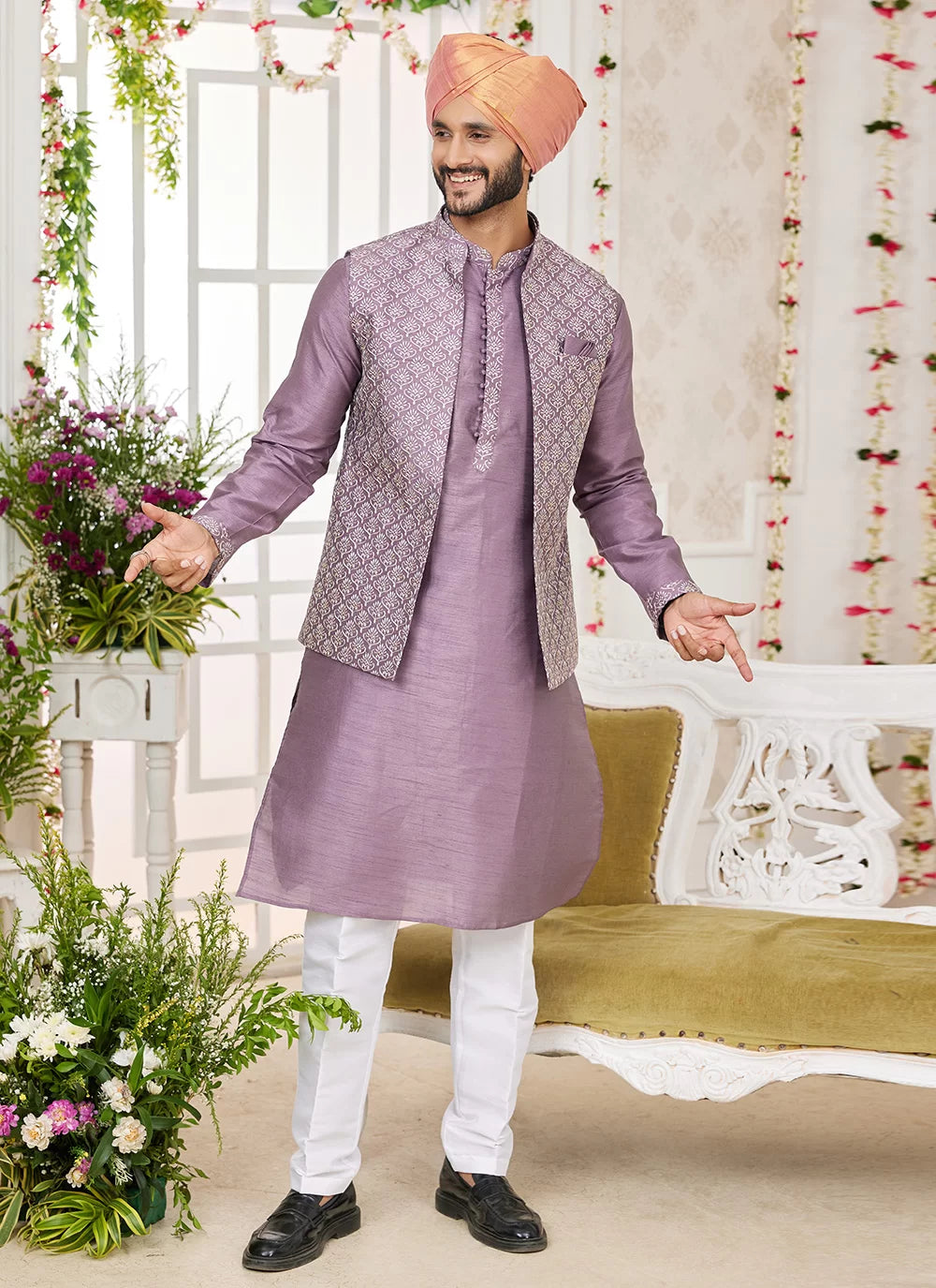 Raivat Ethnic Art Silk Embroidery Work Jacket Set In Dark Onion Pink Colour | Grocsy