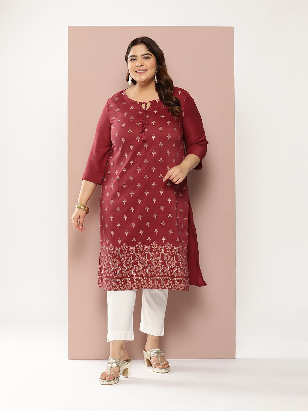 Sztori Plus Size Foil Print Tie-Up Neck Kurta | Grocsy
