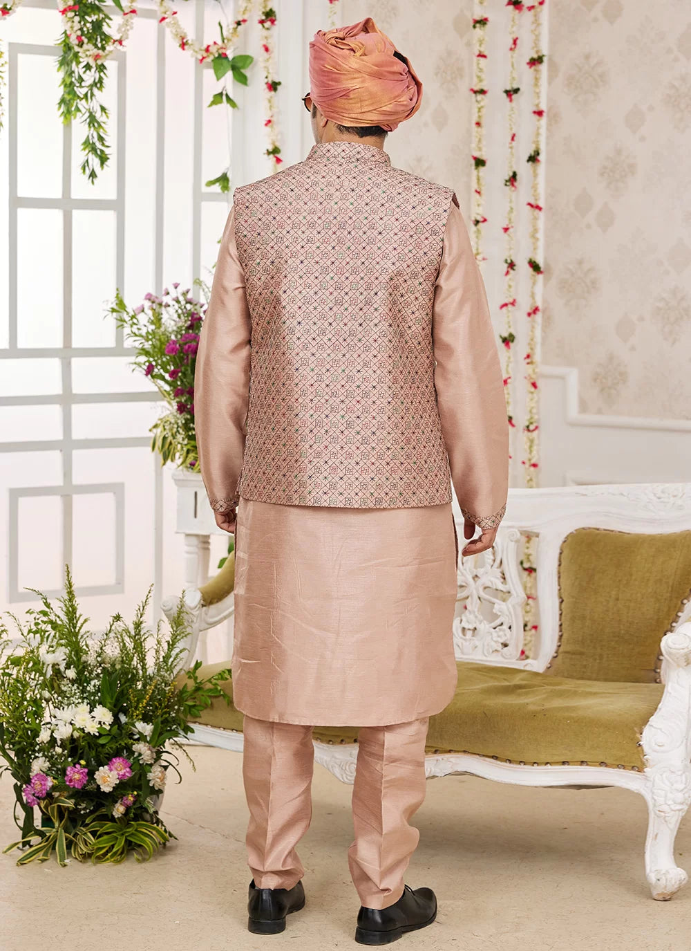Raivat Ethnic Art Silk Embroidery Work Jacket Set In Peach Colour | Grocsy