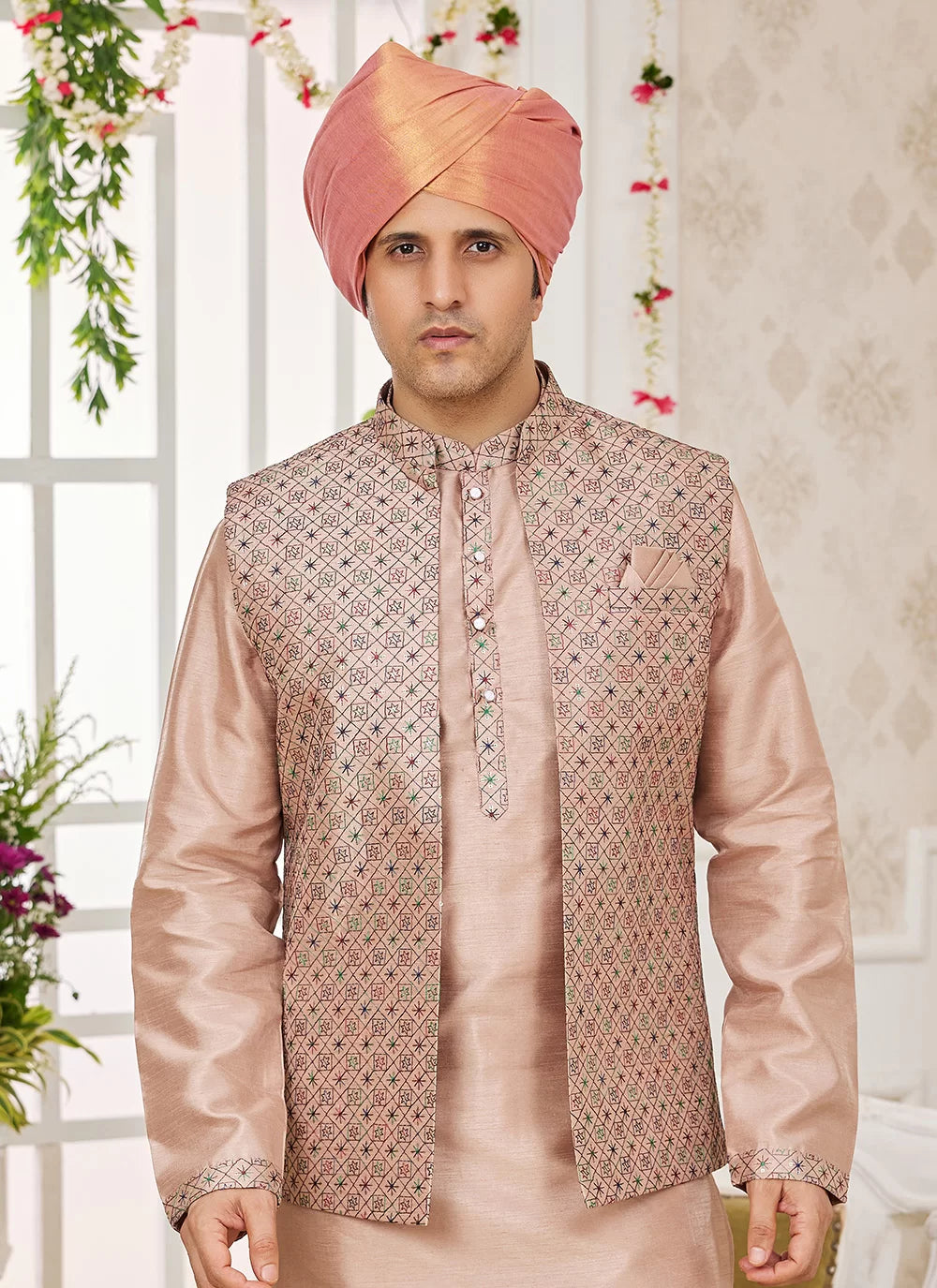 Raivat Ethnic Art Silk Embroidery Work Jacket Set In Peach Colour | Grocsy