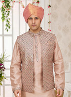 Raivat Ethnic Art Silk Embroidery Work Jacket Set In Peach Colour | Grocsy