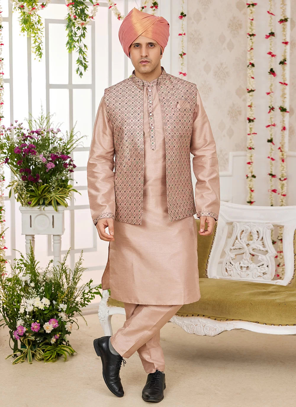 Raivat Ethnic Art Silk Embroidery Work Jacket Set In Peach Colour | Grocsy
