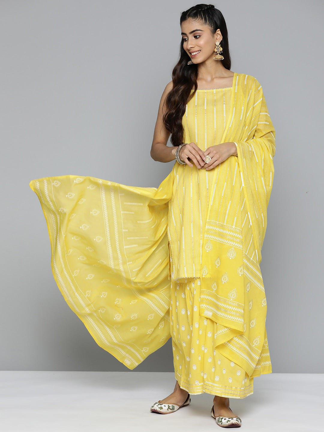 HERE&NOW Ethnic Motifs Printed Gotta Patti Pure Cotton Kurta with Sharara & Dupatta | Grocsy