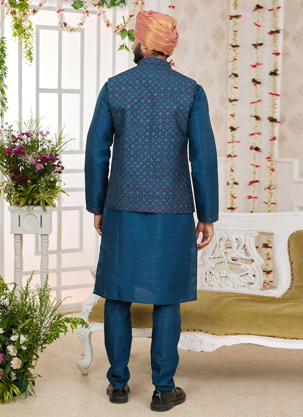Raivat Ethnic Art Silk Embroidery Work Jacket Set In Teal Blue Colour | Grocsy