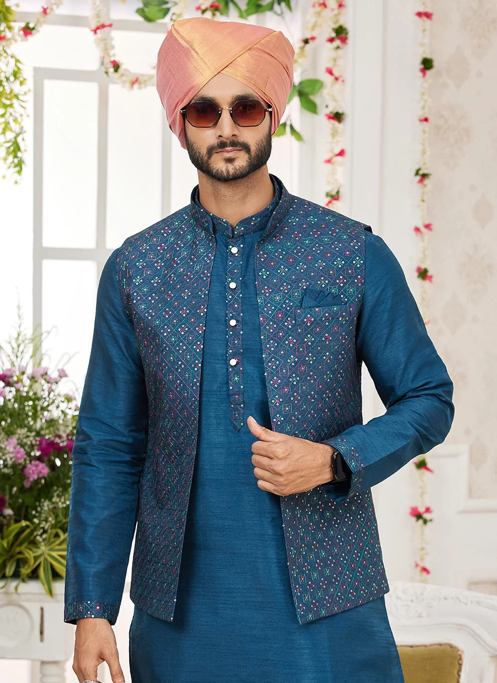 Raivat Ethnic Art Silk Embroidery Work Jacket Set In Teal Blue Colour | Grocsy