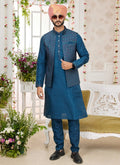Raivat Ethnic Art Silk Embroidery Work Jacket Set In Teal Blue Colour | Grocsy