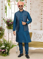 Raivat Ethnic Art Silk Embroidery Work Jacket Set In Teal Blue Colour | Grocsy