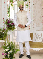 Raivat Ethnic Art Silk Embroidery Work Jacket Set In Off White Colour | Grocsy