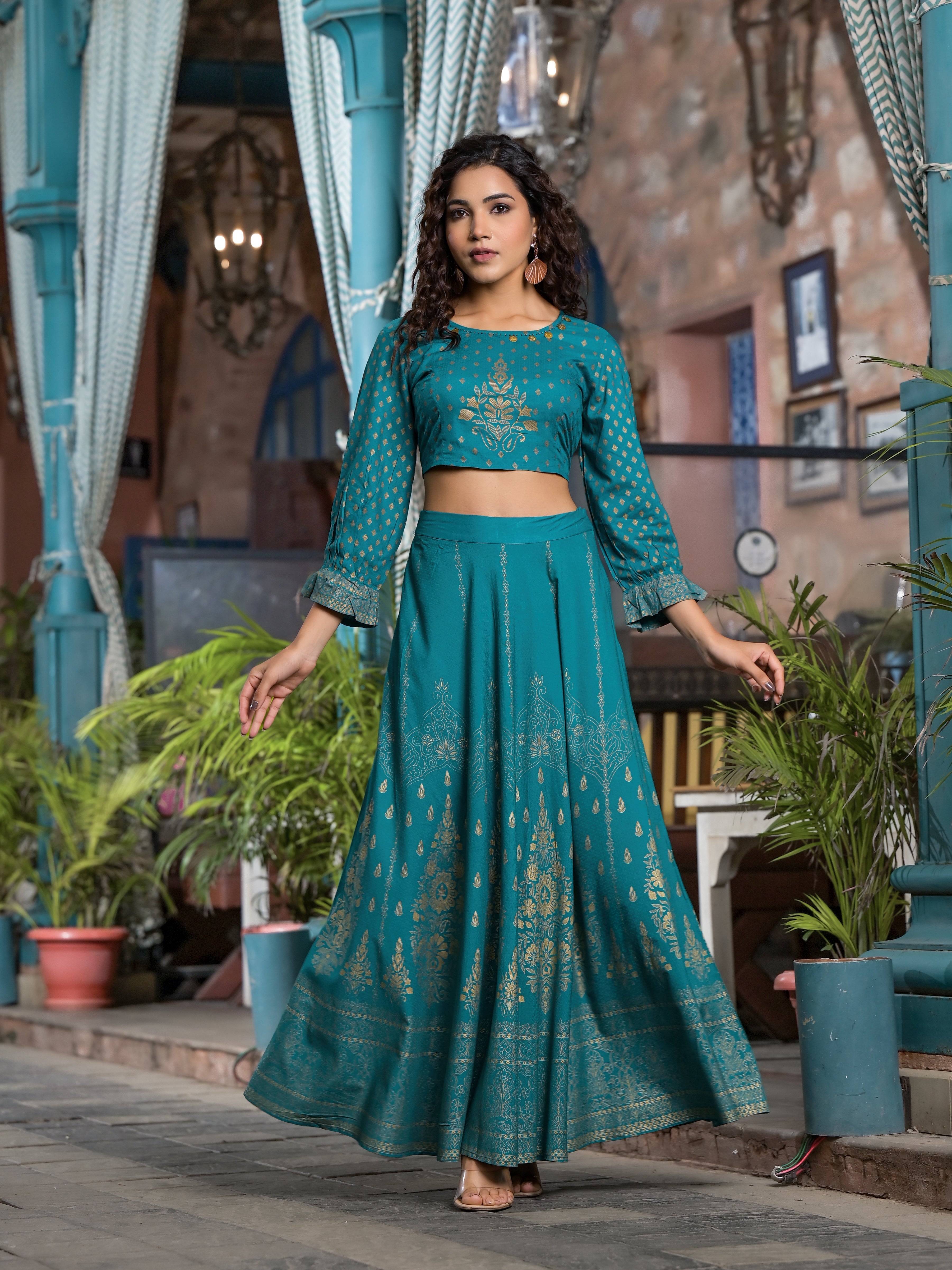 Juniper Women's Teal Ethnic Motif Printed Liva Rayon Lehnga & Choli Set With Coins & Beads | Grocsy