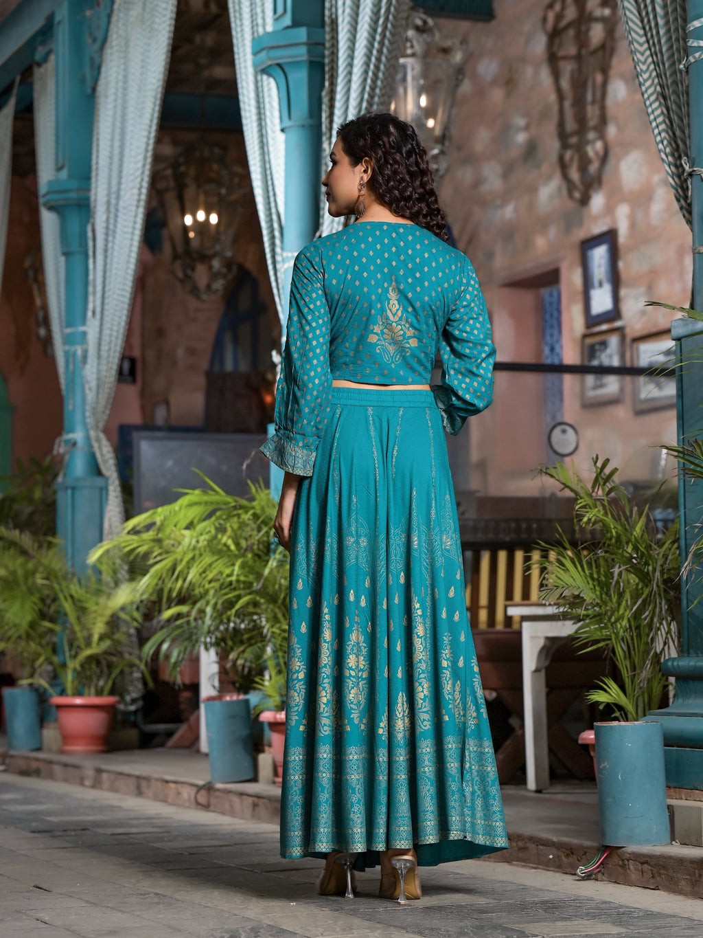 Juniper Women's Teal Ethnic Motif Printed Liva Rayon Lehnga & Choli Set With Coins & Beads | Grocsy