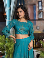 Juniper Women's Teal Ethnic Motif Printed Liva Rayon Lehnga & Choli Set With Coins & Beads | Grocsy