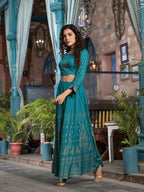 Juniper Women's Teal Ethnic Motif Printed Liva Rayon Lehnga & Choli Set With Coins & Beads | Grocsy