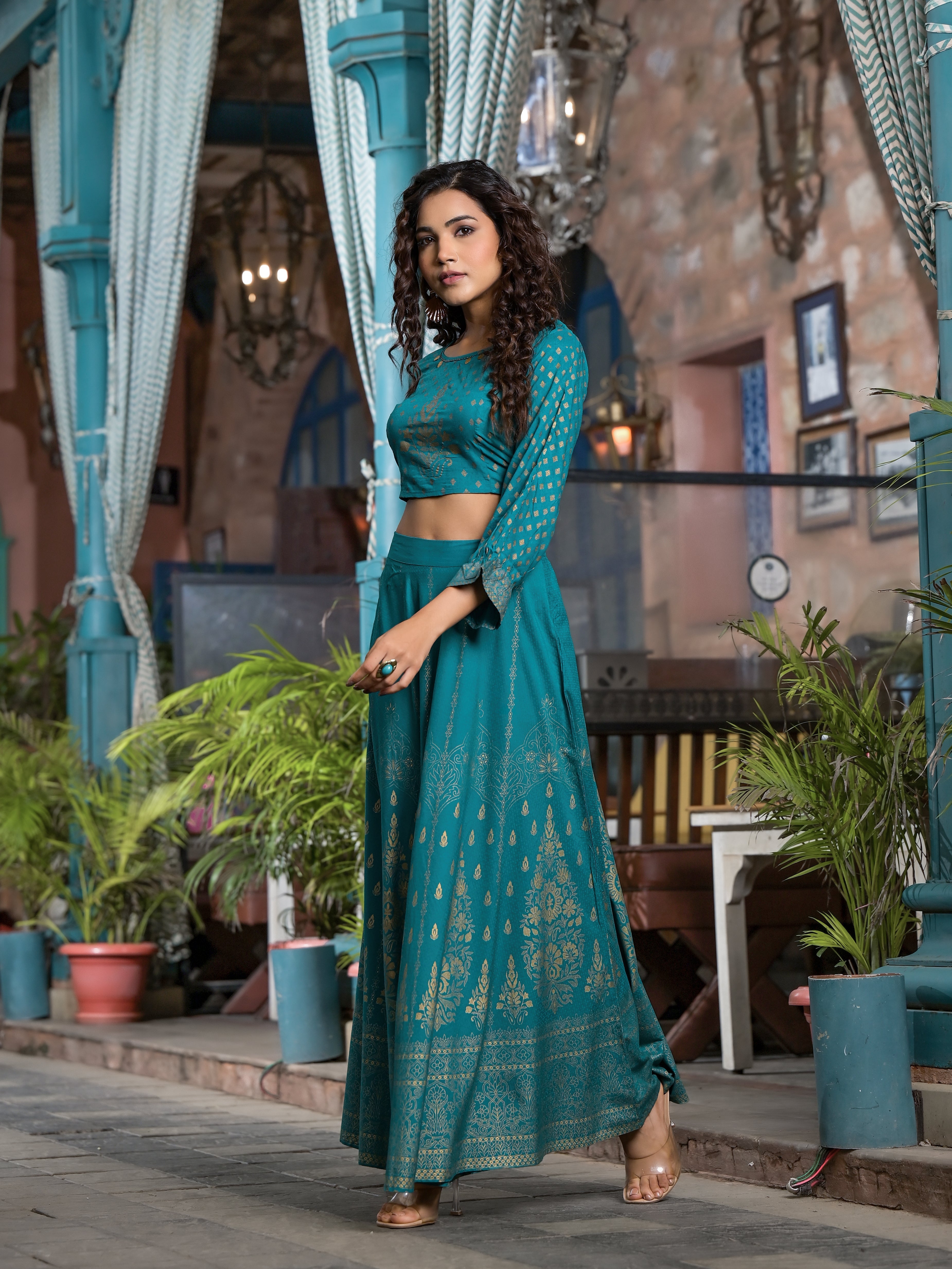 Juniper Women's Teal Ethnic Motif Printed Liva Rayon Lehnga & Choli Set With Coins & Beads | Grocsy