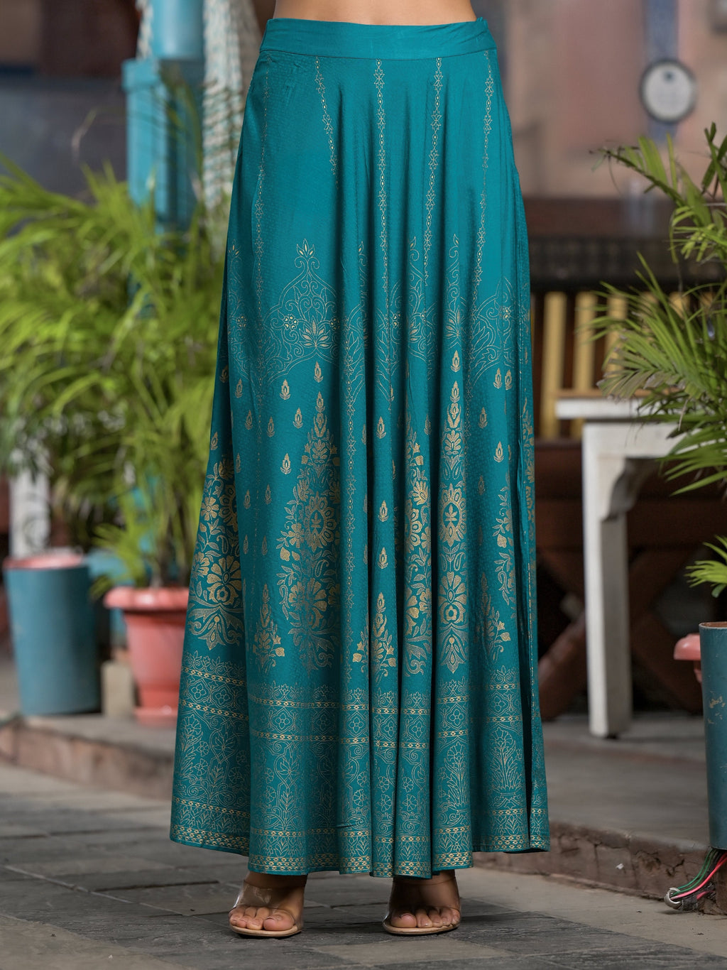 Juniper Women's Teal Ethnic Motif Printed Liva Rayon Lehnga & Choli Set With Coins & Beads | Grocsy