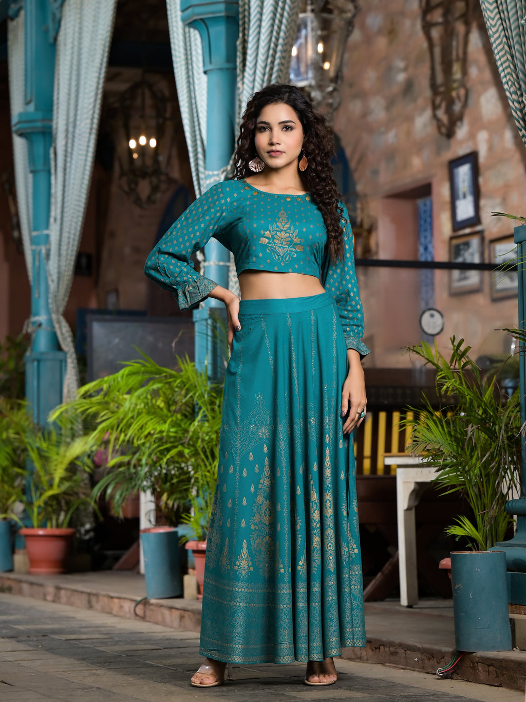 Juniper Women's Teal Ethnic Motif Printed Liva Rayon Lehnga & Choli Set With Coins & Beads | Grocsy