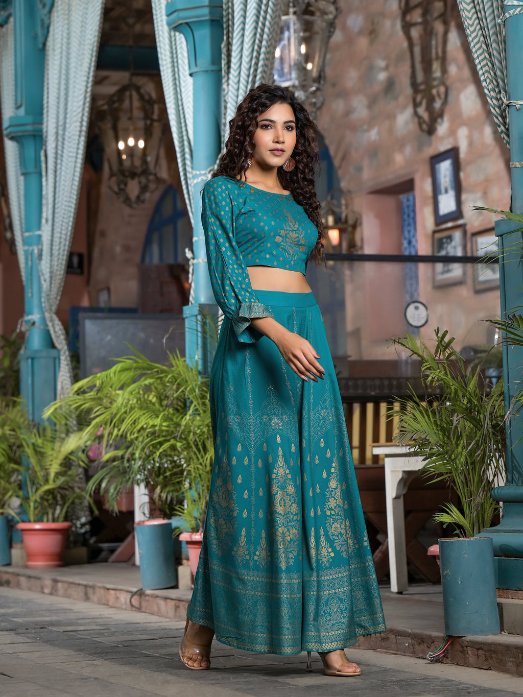 Juniper Women's Teal Ethnic Motif Printed Liva Rayon Lehnga & Choli Set With Coins & Beads | Grocsy