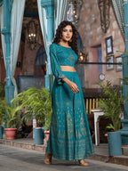 Juniper Women's Teal Ethnic Motif Printed Liva Rayon Lehnga & Choli Set With Coins & Beads | Grocsy