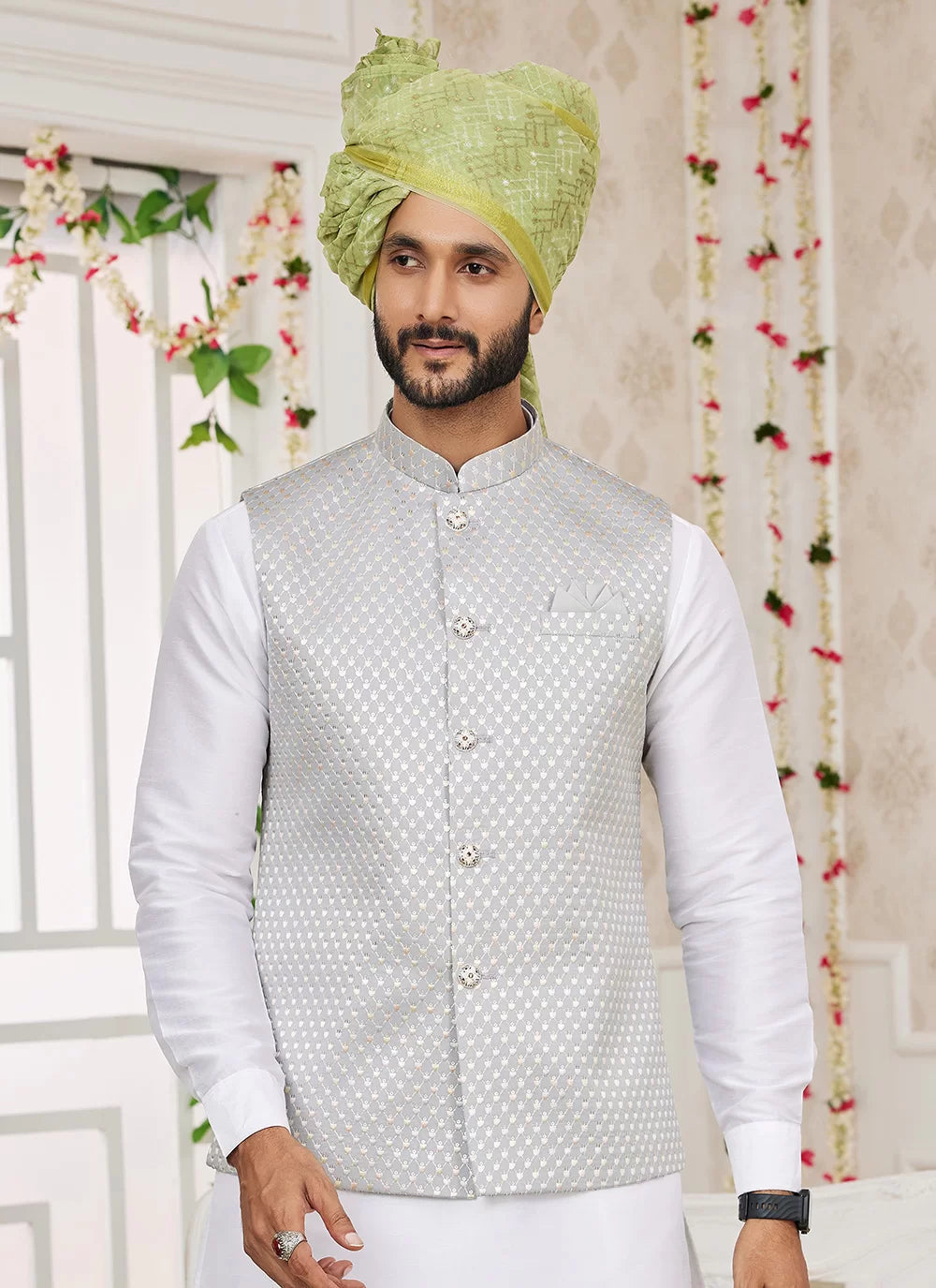 Raivat Ethnic Art Silk Embroidery Work Jacket Set In Grey Colour | Grocsy